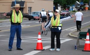 Sue Harshbarger helps out at the Oregon Gran Fondo cycling event