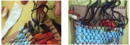 Pulling strings of yarn and tying knots using the strings on the end.