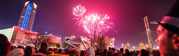 An image of Fireworks exploding during Opening Night, the New Years Celebration at the Civic Center Music Hall.