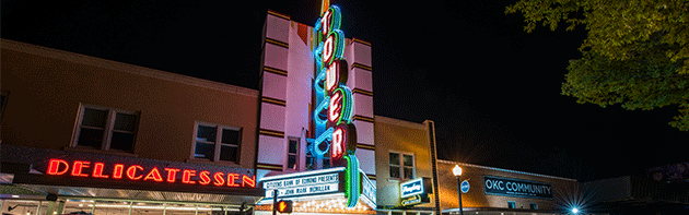 Exterior of Oklahoma City's Tower Theatre at nighttime