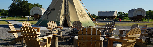 Conestoga Wagons, Teepees and campfire area at Oklahoma City's Orr Family Farm
