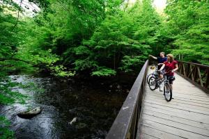 Couple Bicycling on Bridge 2