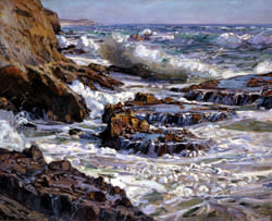Painting of waves crashing on the rocky California coast.