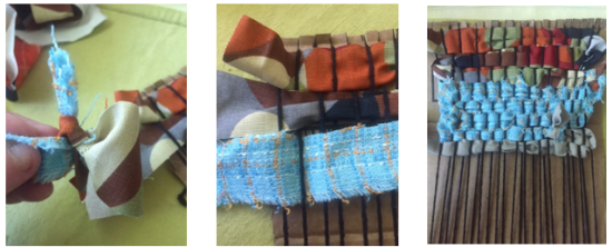 Example of how to tie a piece of yarn or fabric to the next piece
