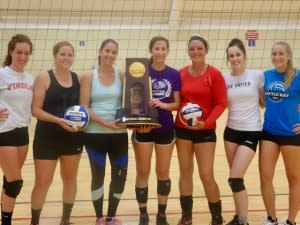 Girls holding NCAA Volleyball Trophy