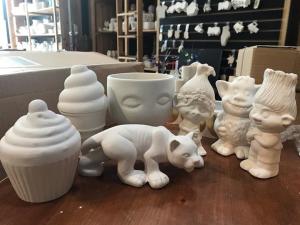 White pottery pieces to paint at Create-a-Palooza