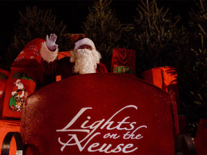 Santa in his sleigh at Boyette Farm's Lights on the Neuse event, Clayton, NC.