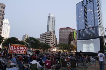 Crowd at an outdoor screening of Strange Brews with Strange Brews at Republic Square Park in Austin,TX. Photo Credit Jack Plunkett.