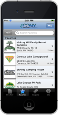 Screenshot of campgrounds listed on the new CONY app
