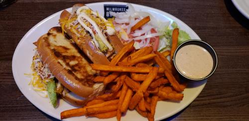 Chicken Avacado Sandwich with Sweet Potato Fries at Milwakee Burger Compny