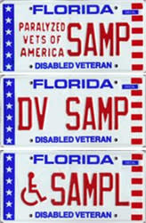 Image with three examples of what Florida's Disabled Veterans License Tag looks like.