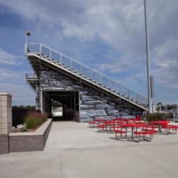 Side view of bleachers with custom graphics from Southern Bleacher Co.