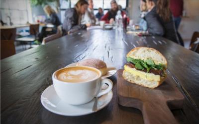 Latte and Egg Sandwich at Fox in the Snow Cafe