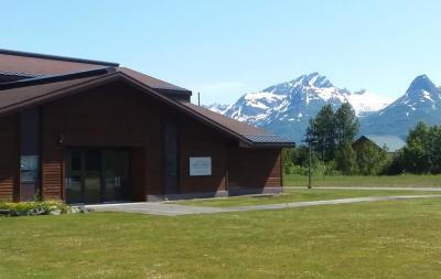 an LDS church; mountain peaks in background