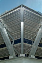 Underneath view of bleachers made by Southern Bleacher Co.