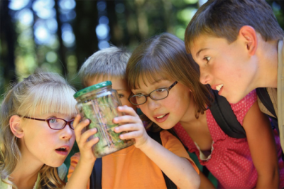 Children gaze in wonder at a creature in a jar while outdoors in Knoxville, TN