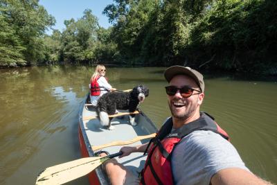 Canoe and Trail Adventures, canoe with dog, Bogue Falaya