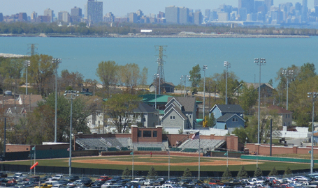 Oil City Stadium field Whiting and Chicago skyline