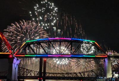Big Four Bridge lit up rainbow