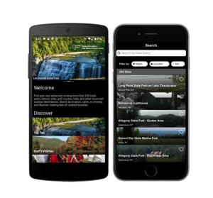 Phone screens showing pages from the New York State Parks app