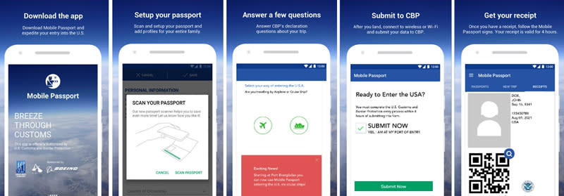 Image of cell phone screens showing the five different steps to using the Mobile Passport App