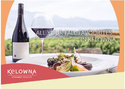Photo of Tourism Kelowna ad featuring wine and food in vineyard