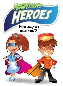 Hospitality Heroes program logo with a maid and bellhop wearing superhero capes.