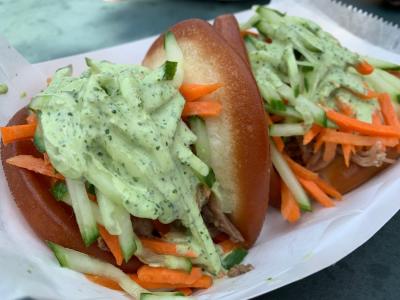 Street food sandwiches topped with slaw and other veggiest