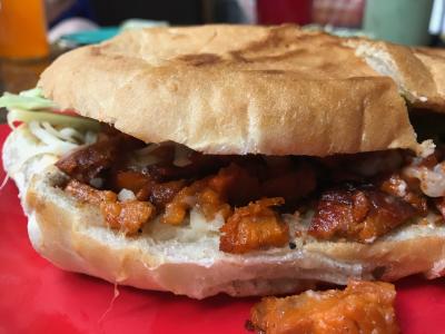 Close-up of torta sandwich at Tula Taqueria