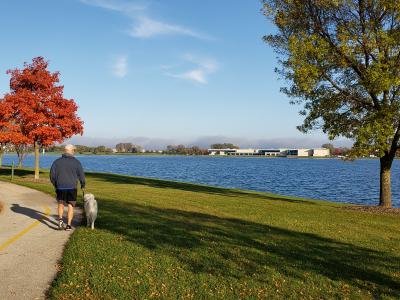 Fall-Man walking dog-family walking baby at Lake Andrea