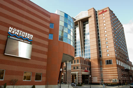 Photo of street level of Northern Kentucky Convention Center with Marriott RiverCenter in view in Covington Ky across the river from Cincinnati Ohio