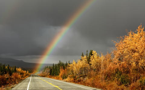 a rainbow, a highway, and autumn trees