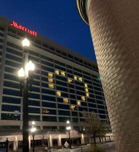 Windows lit in the shape of a heart at the Marriott City Creek Center