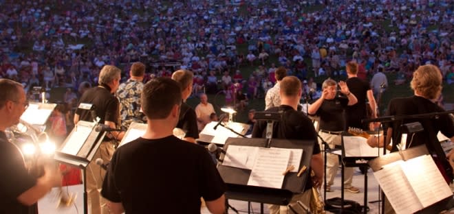 Kentucky Symphony Orchestra performing at Devou Park Bandshell under the night sky