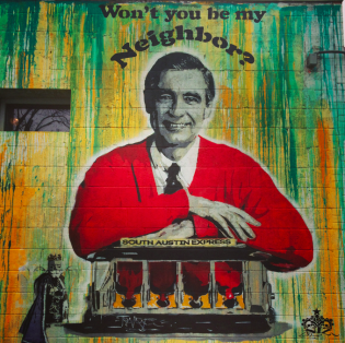 Mr. Rogers representing at Home Slize Pizza. Photo by Heidi Gollub. 