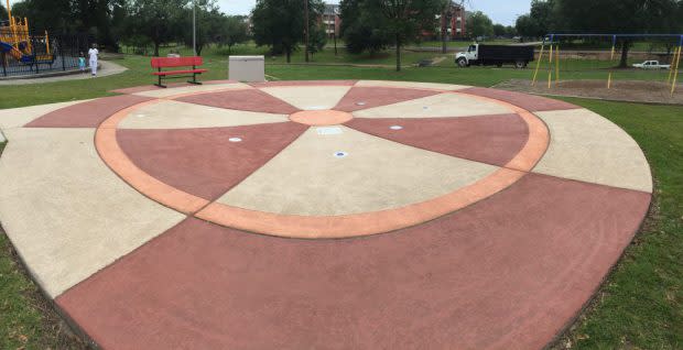 A dry and empty splashpad at Girard Park