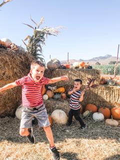 Two boys jumping with excitement at the pumpkin patch