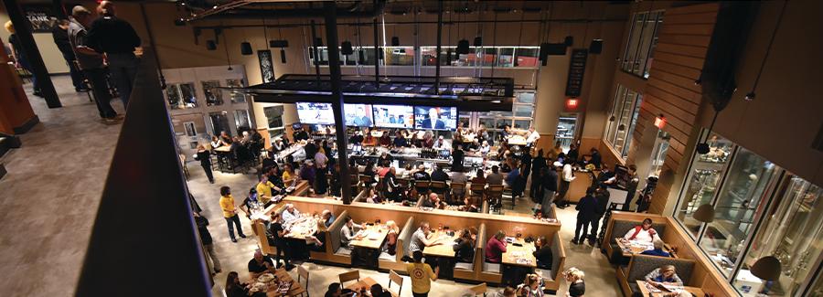 An aerial view of the expansive dining area at ONE DAYTONA'S Rock Bottom Brewery