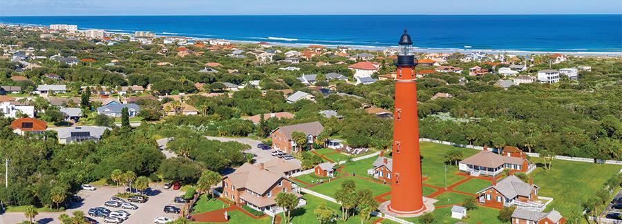 An aerial view of the majestic Ponce Inlet Lighthouse, Florida's tallest