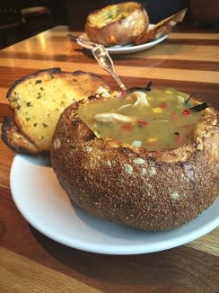 Chicken Tortilla soup at BJs Brewhouse Bj's Brewhouse, Avon, Restaurant, Soup, Bread bowl