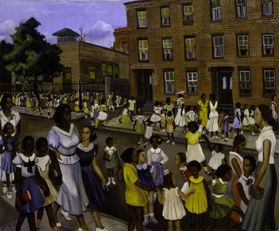 Allan Rohan Crite painting of city street outside school building with dozens of children, mostly African American, on sidewalks and in schoolyard