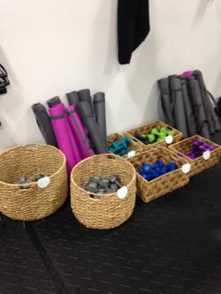 Various exercise equipment utilized during group fitness classes at Fleece Fitness!