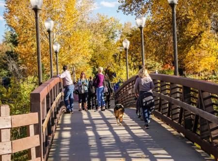 Fall Walk on Bridge