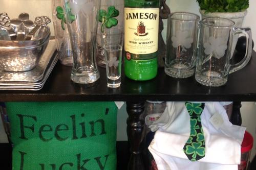 Irish themed items for sale at Boho 72 Boutqiue including Irish mugs, baby onesies, "Feelin' Lucky" pillow, and more.