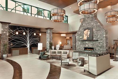 Embassy suites lobby- sitting area and fireplace