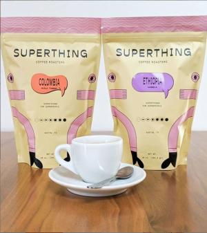 Bags of Colombian and Ethiopian coffees from Superthing Coffee in Austin Texas