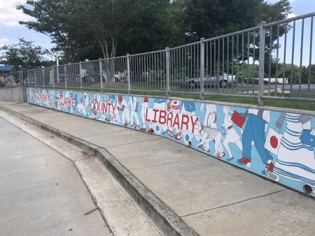 A mural for the public library using red and blue as the main colors.