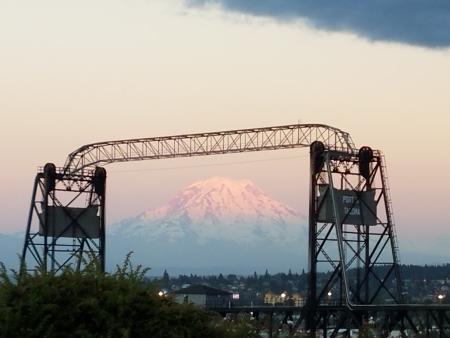 Murray Morgan Bridge in Tacoma, Washington, with Mount Rainier in the background