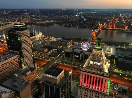photo of the downtown cincinnati and covington and newport kentucky skylines as seen from the carew tower observation deck