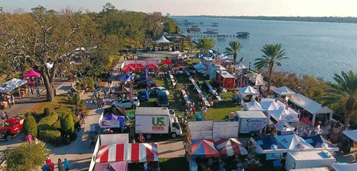 An aerial view of Riverfest at The Casements along the Halifax River